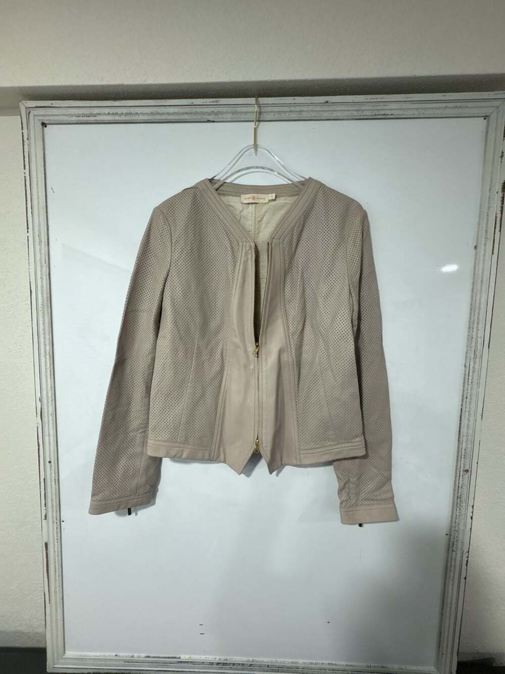 Tory Burch Nicki Perforated Leather Jacket in Beige